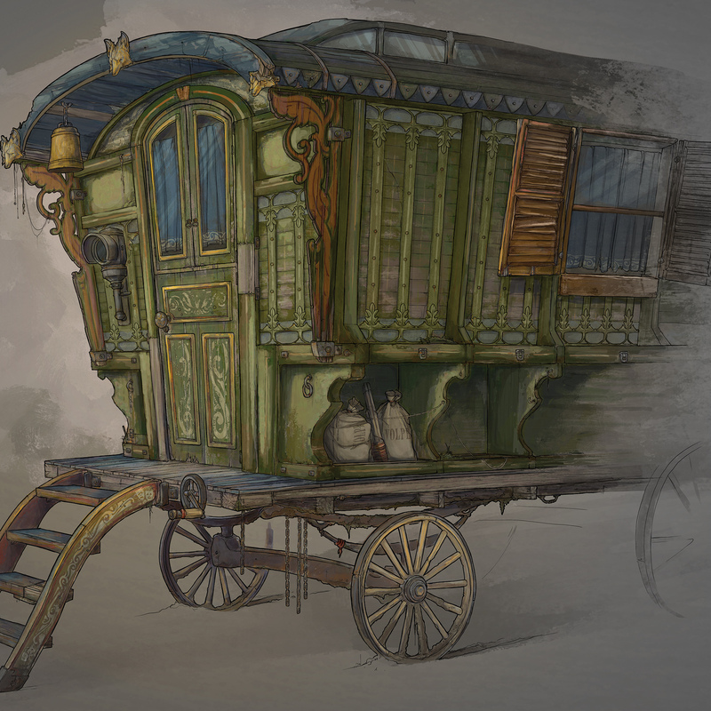 "GUILLERMO DEL TORO'S PINOCCHIO" (Netflix), 2022. Concept Art/Visual Development: Exterior Living Wagon
